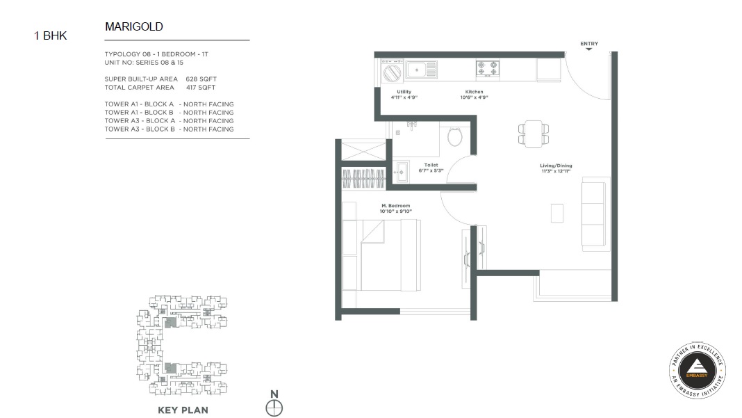 1 BHK 628 Sq. Ft. Apartment in Embassy Verde