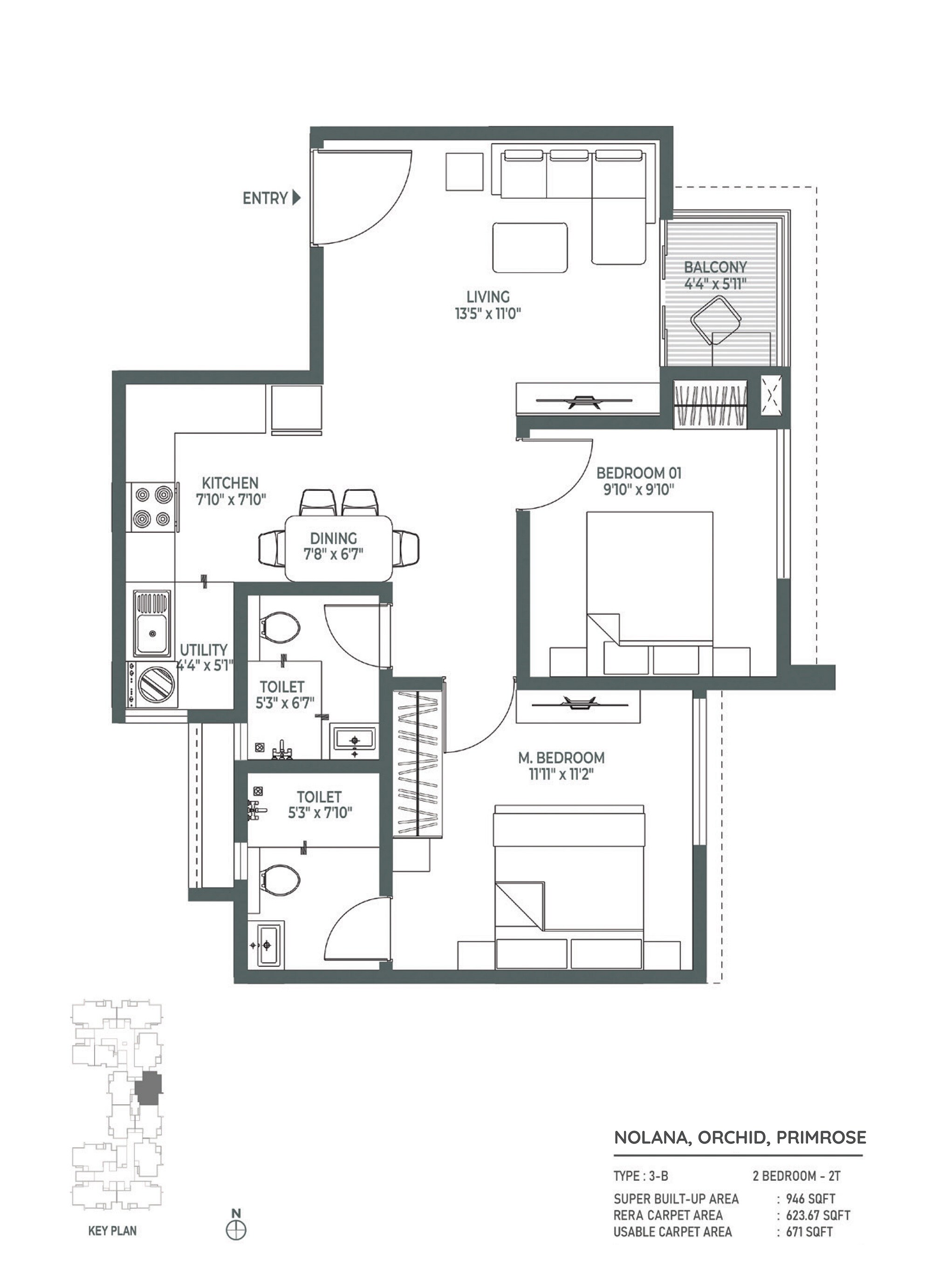 Floor plan of 2 BHK 946 Sq. Ft. Apartment in Embassy Verde Phase 2, Bangalore