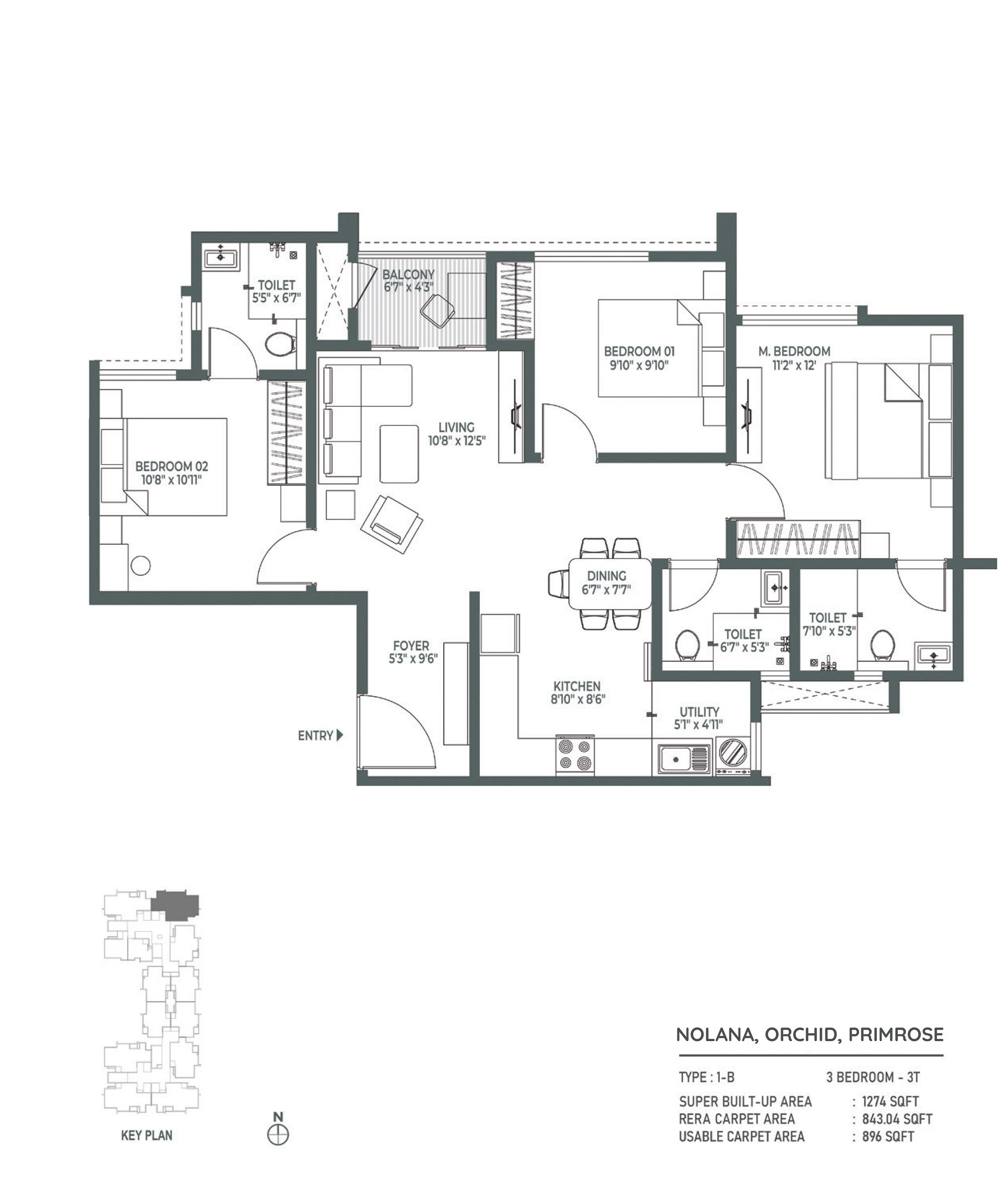 Floor plan of 3 BHK 1274 Sq. Ft. Apartment in Embassy Verde Phase 2, Bangalore