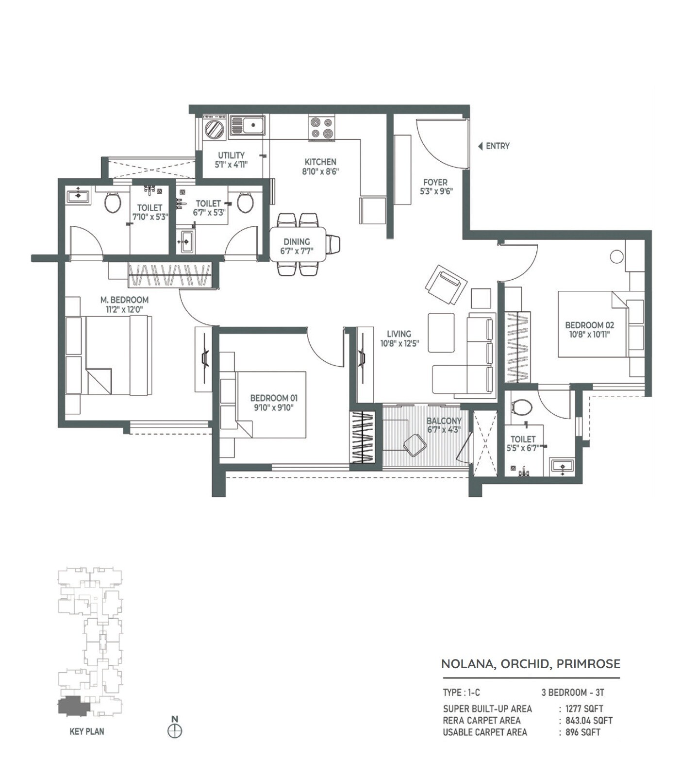 Floor plan of 3 BHK 1277 Sq. Ft. Apartment in Embassy Verde Phase 2, Bangalore