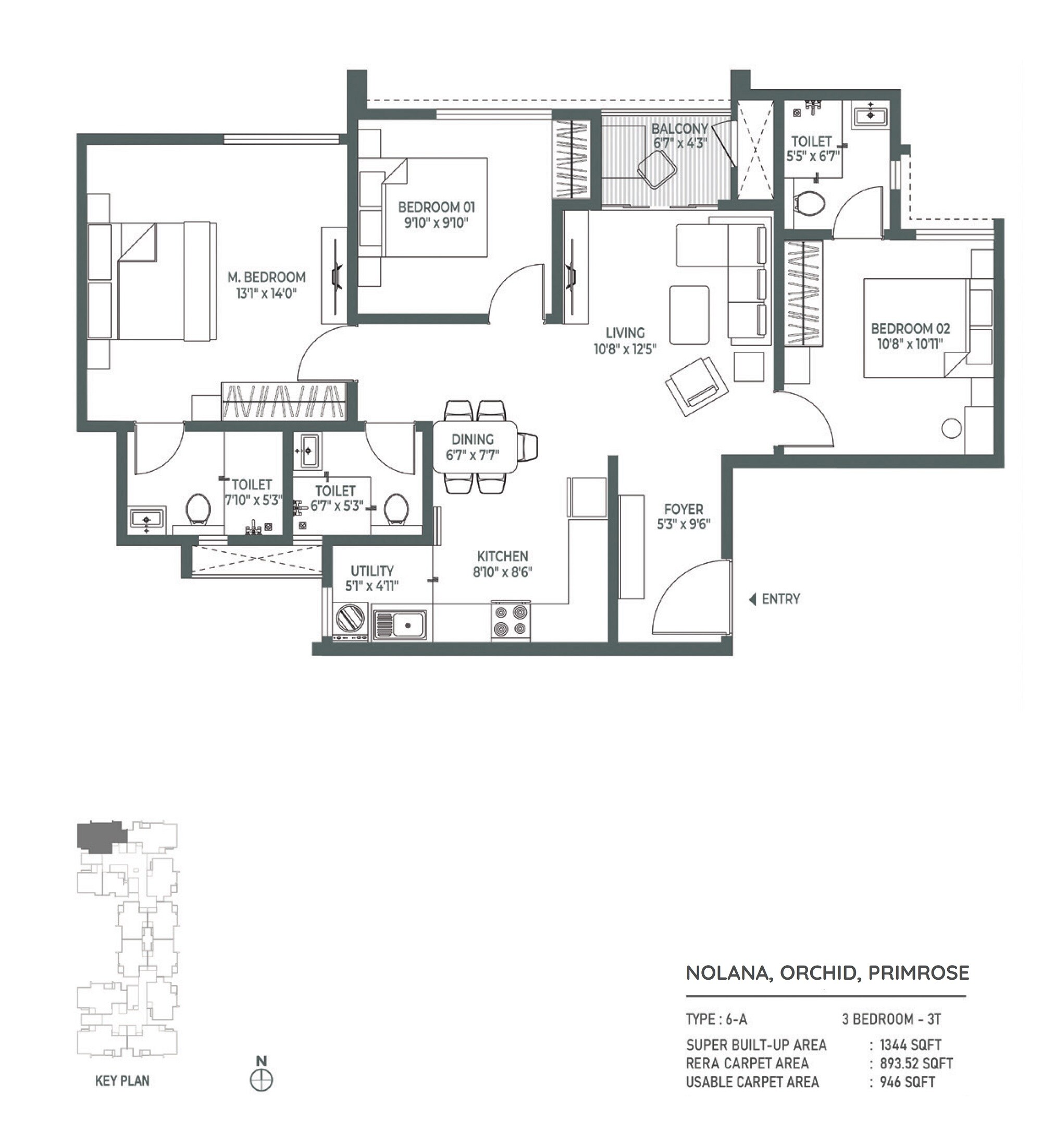Floor plan of 3 BHK 1344 Sq. Ft. Apartment in Embassy Verde Phase 2, Bangalore