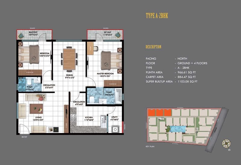 Floor plan of 2 BHK 1103 Sq. Ft. Apartment in Emerald Estancia, Bangalore