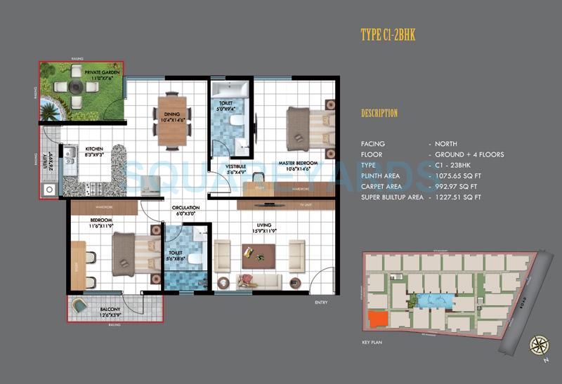 Floor plan of 2 BHK 1227 Sq. Ft. Apartment in Emerald Estancia, Bangalore