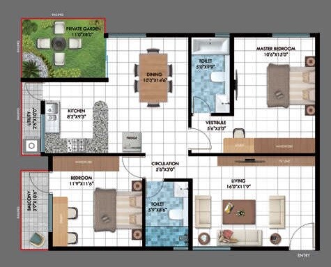 Floor plan of 2 BHK 1240 Sq. Ft. Apartment in Emerald Estancia, Bangalore