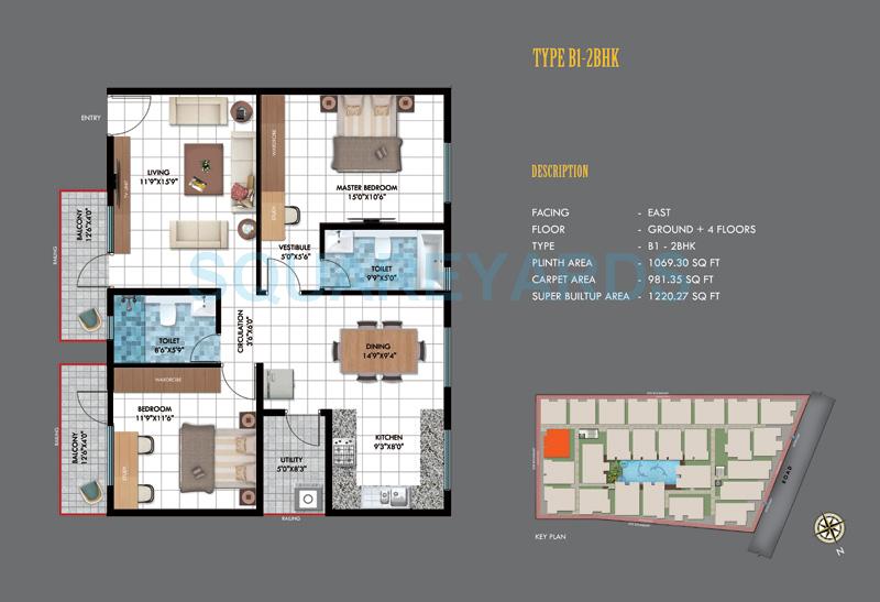 Floor plan of 2 BHK 1220 Sq. Ft. Apartment in Emerald Estancia, Bangalore