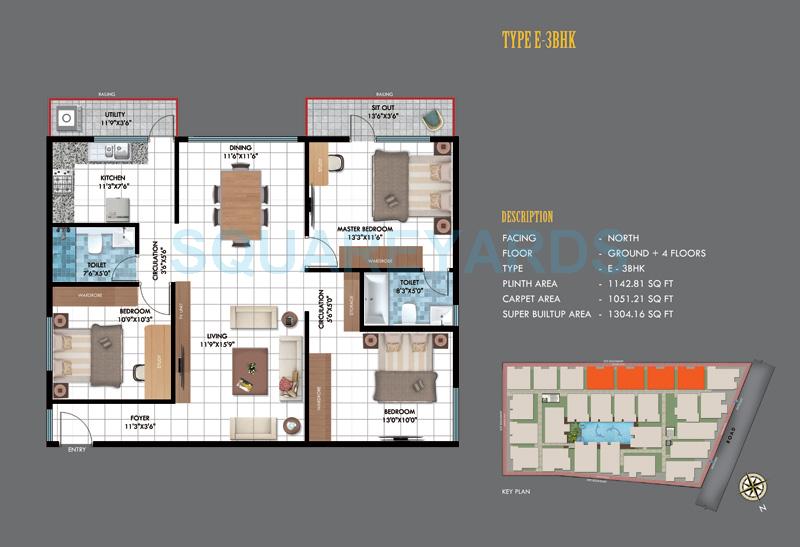 Floor plan of 3 BHK 1304 Sq. Ft. Apartment in Emerald Estancia, Bangalore