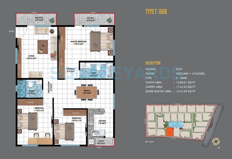 Floor plan of 3 BHK 1413 Sq. Ft. Apartment in Emerald Estancia, Bangalore