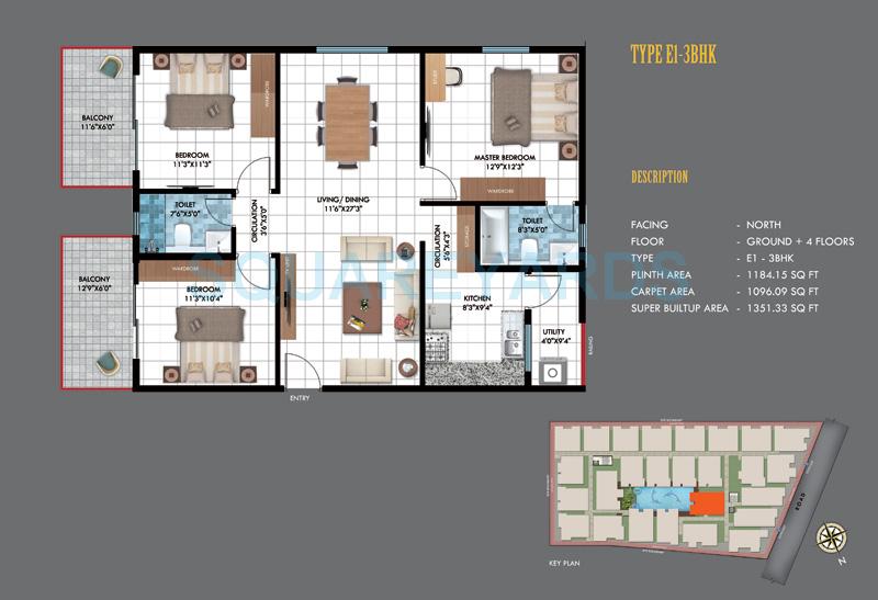 Floor plan of 3 BHK 1351 Sq. Ft. Apartment in Emerald Estancia, Bangalore