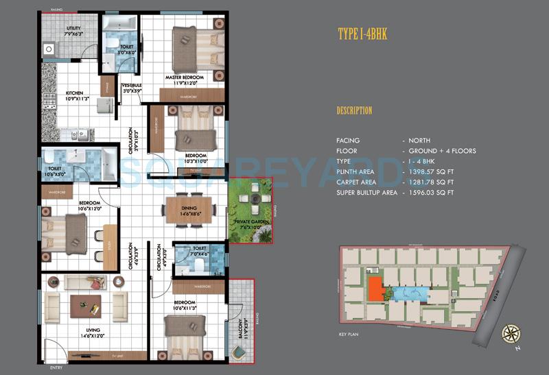 Floor plan of 4 BHK 1596 Sq. Ft. Apartment in Emerald Estancia, Bangalore