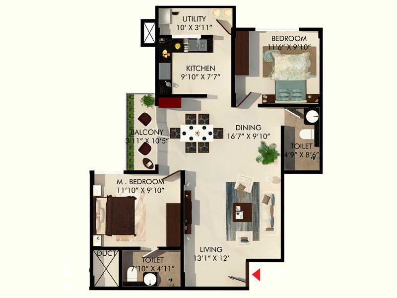 Floor plan of 2 BHK 1098 Sq. Ft. Apartment in Eminence park, Bangalore