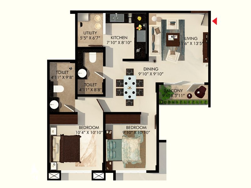 Floor plan of 2 BHK 982 Sq. Ft. Apartment in Eminence park, Bangalore