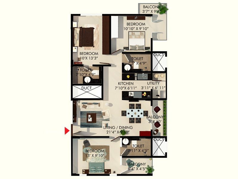 Floor plan of 3 BHK 1224 Sq. Ft. Apartment in Eminence park, Bangalore