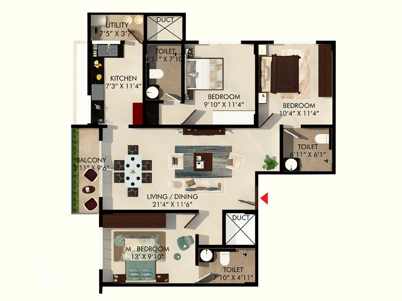 Floor plan of 3 BHK 1281 Sq. Ft. Apartment in Eminence park, Bangalore