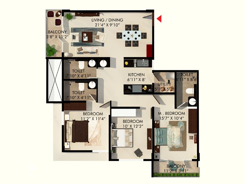 Floor plan of 3 BHK 1354 Sq. Ft. Apartment in Eminence park, Bangalore