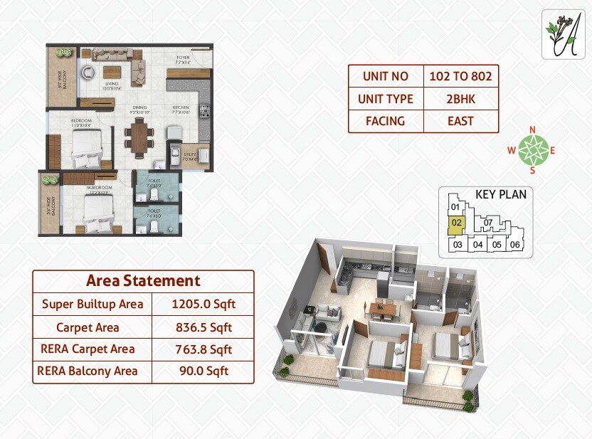 Floor plan of 2 BHK 1205 Sq. Ft. Apartment in Emmanuel Ashley Park, Bangalore