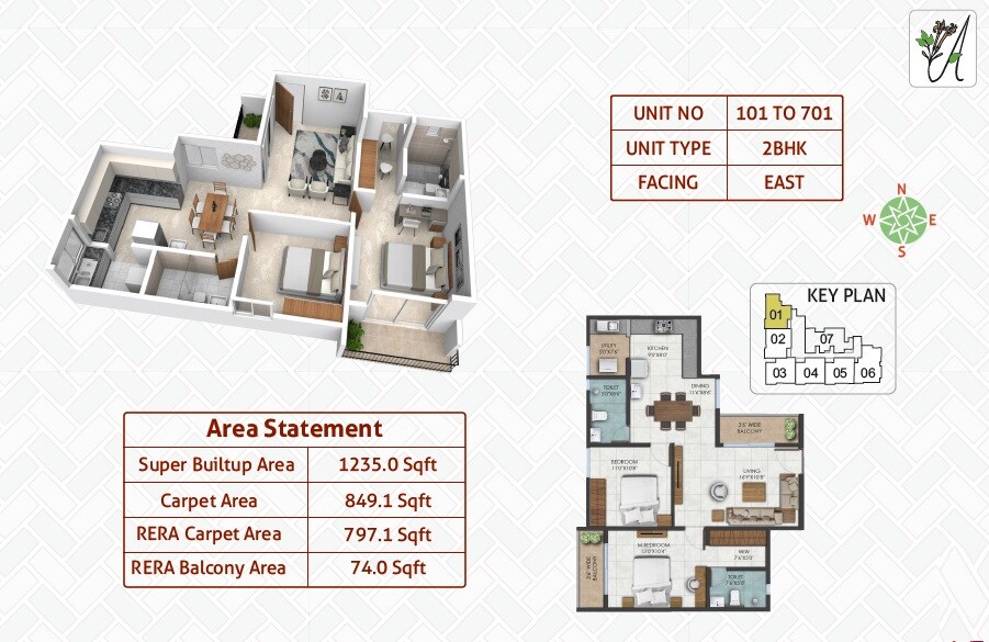 Floor plan of 2 BHK 1235 Sq. Ft. Apartment in Emmanuel Ashley Park, Bangalore