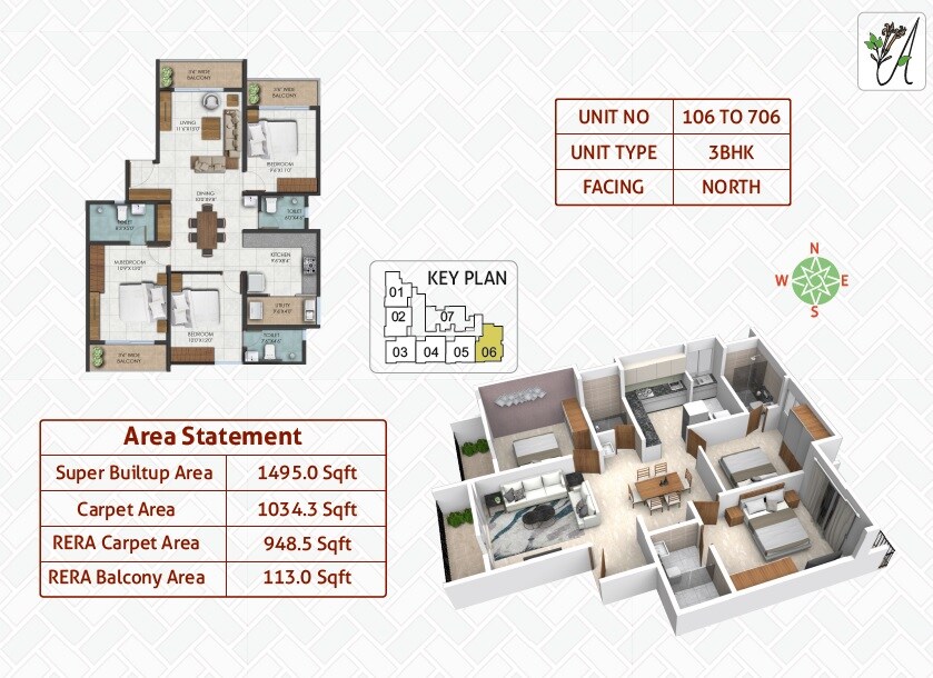 Floor plan of 3 BHK 1495 Sq. Ft. Apartment in Emmanuel Ashley Park, Bangalore