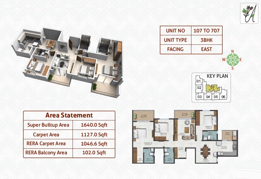 Floor plan of 3 BHK 1640 Sq. Ft. Apartment in Emmanuel Ashley Park, Bangalore