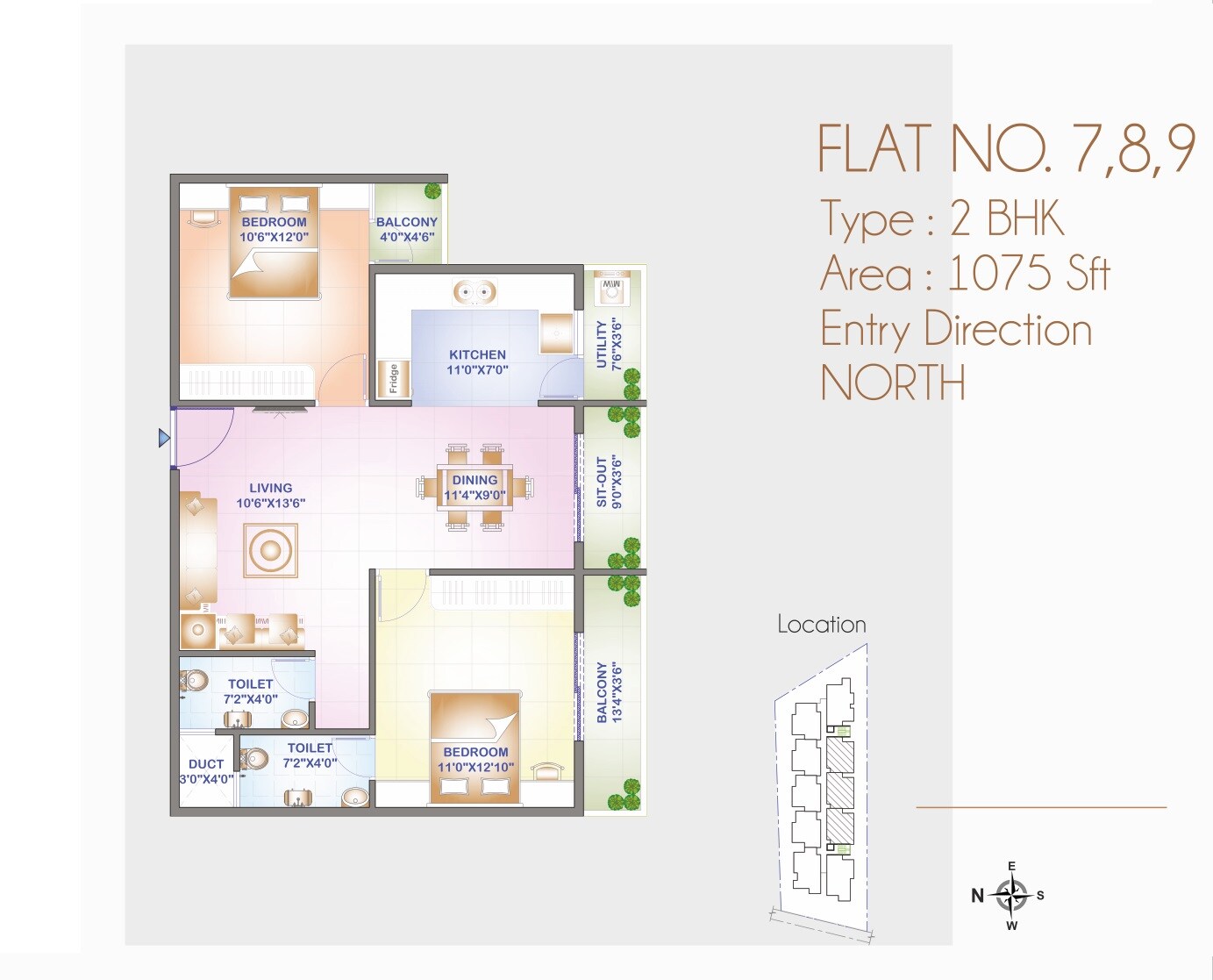 Floor plan of 2 BHK 1075 Sq. Ft. Apartment in Emmay Environs Pride, Bangalore