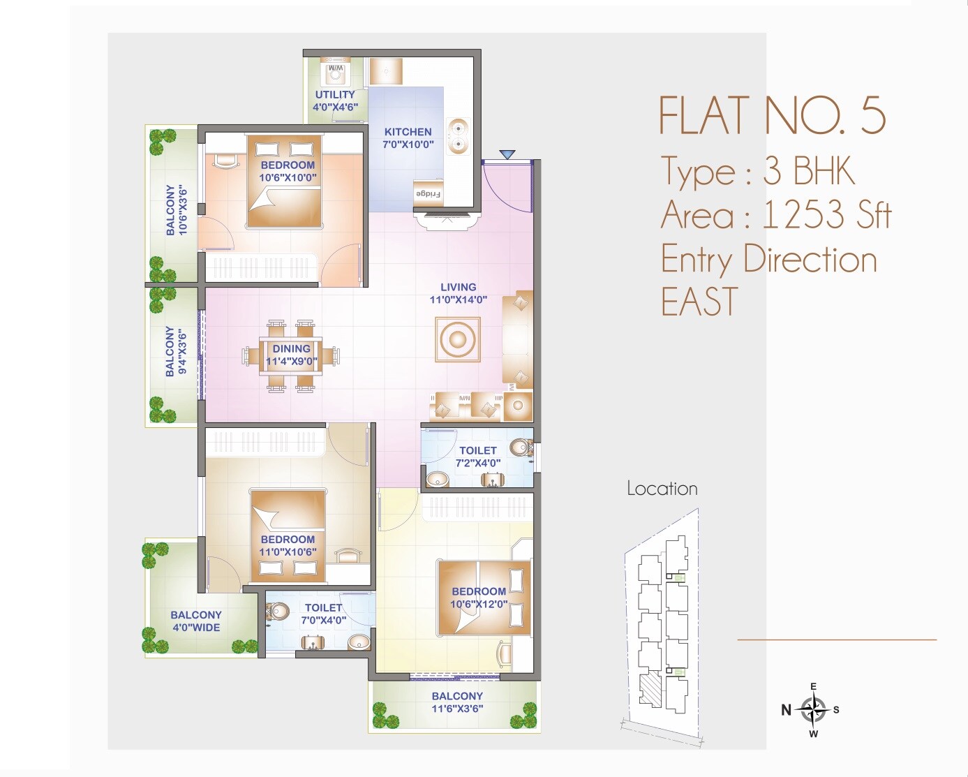 Floor plan of 3 BHK 1253 Sq. Ft. Apartment in Emmay Environs Pride, Bangalore