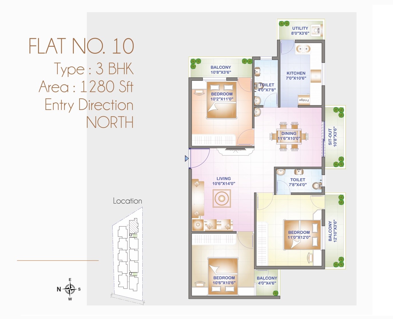 Floor plan of 3 BHK 1280 Sq. Ft. Apartment in Emmay Environs Pride, Bangalore