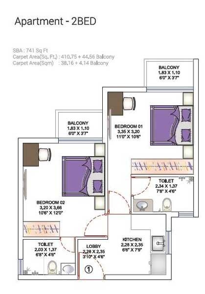 Floor plan of 2 BHK 741 Sq. Ft. Apartment in Emprasa, Bangalore
