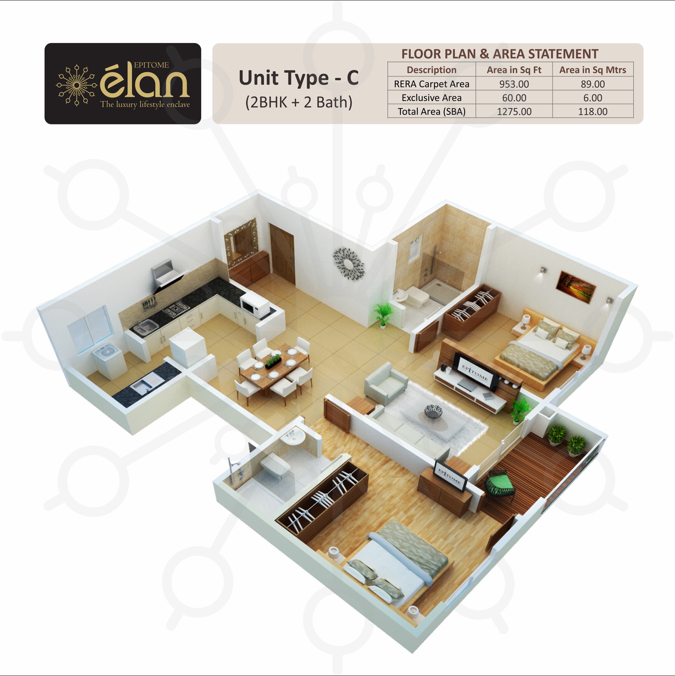 Floor plan of 2 BHK 1275 Sq. Ft. Apartment in Epitome Elan, Bangalore