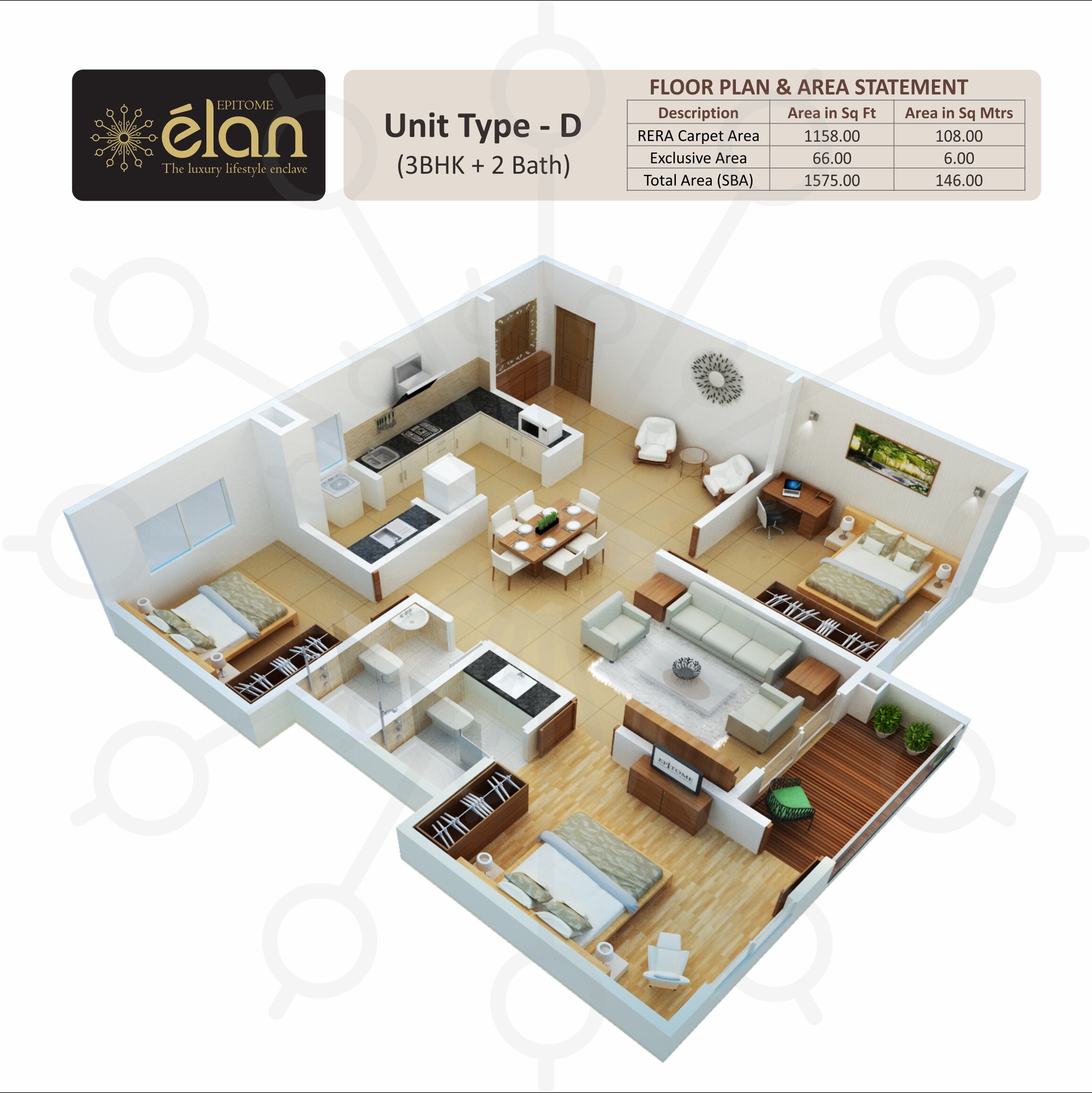 Floor plan of 3 BHK 1575 Sq. Ft. Apartment in Epitome Elan, Bangalore