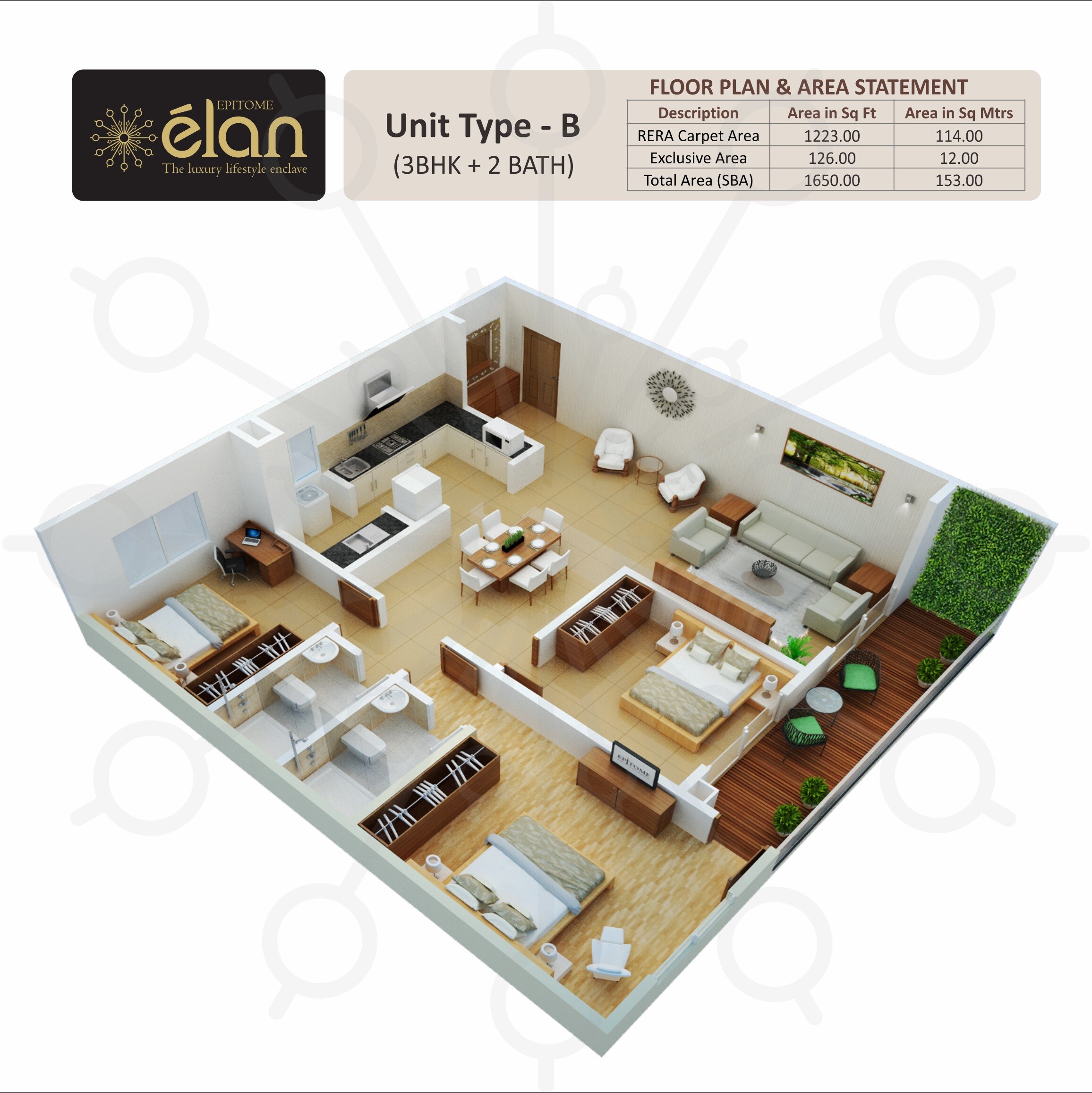Floor plan of 3 BHK 1650 Sq. Ft. Apartment in Epitome Elan, Bangalore