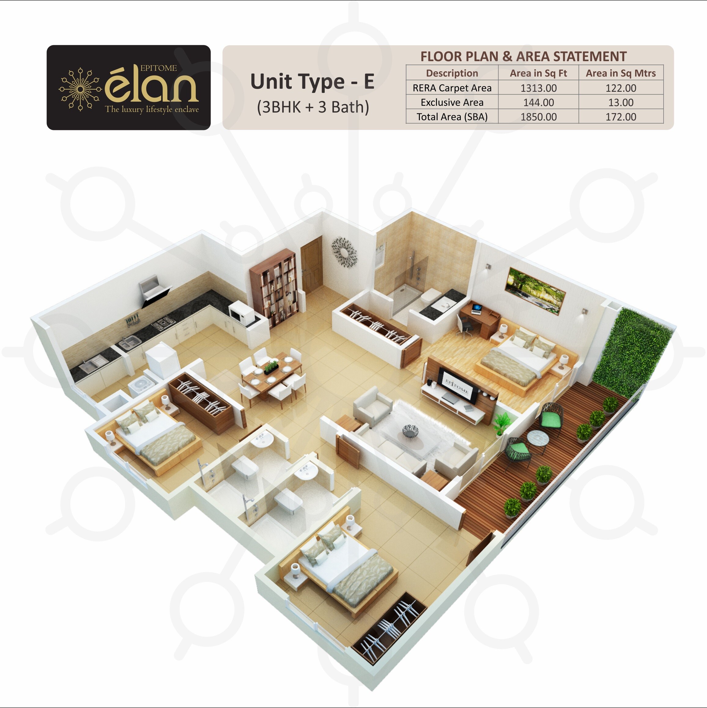 Floor plan of 3 BHK 1850 Sq. Ft. Apartment in Epitome Elan, Bangalore
