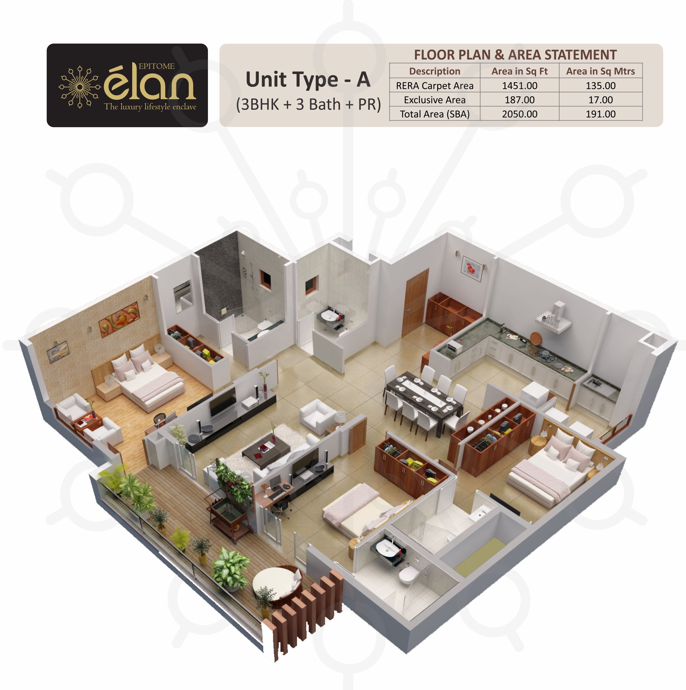 Floor plan of 3 BHK 2050 Sq. Ft. Apartment in Epitome Elan, Bangalore
