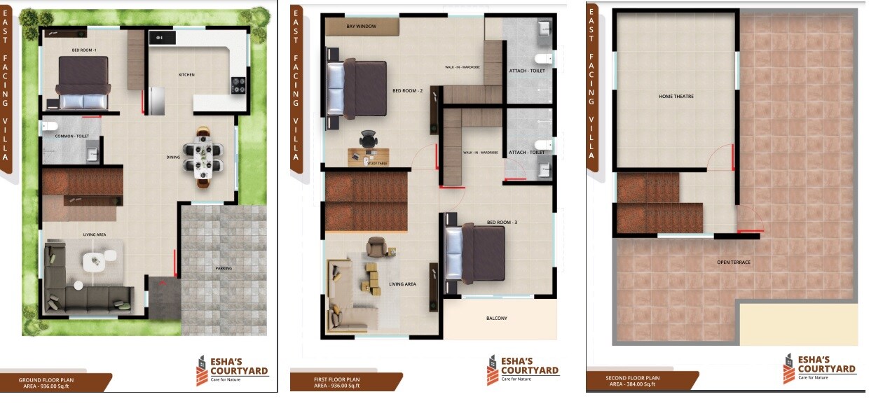 Floor plan of 3 BHK 2170 Sq. Ft. Apartment in Eshas Courtyard, Bangalore