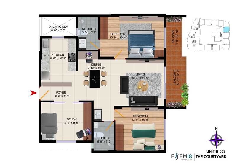 Floor plan of 2 BHK 1290 Sq. Ft. Apartment in Essem 18 The Courtyard, Bangalore