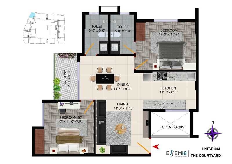 Floor plan of 2 BHK 984 Sq. Ft. Apartment in Essem 18 The Courtyard, Bangalore