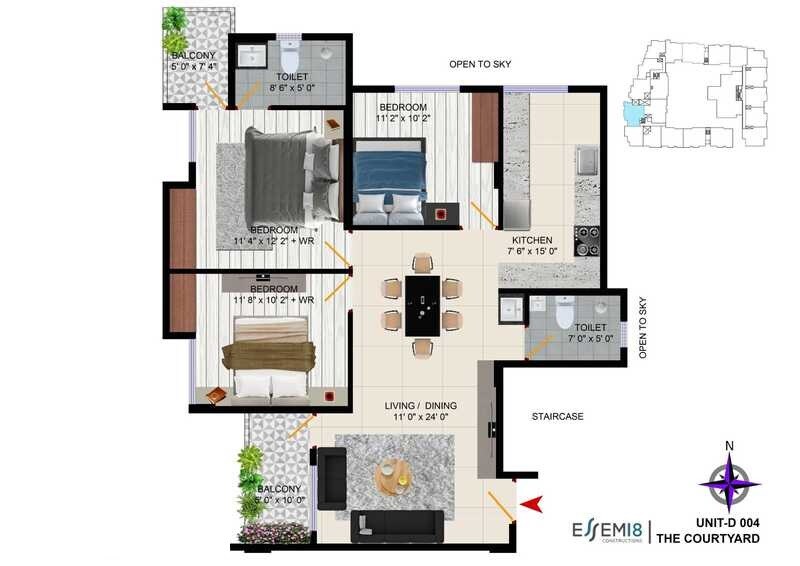 Floor plan of 3 BHK 1330 Sq. Ft. Apartment in Essem 18 The Courtyard, Bangalore