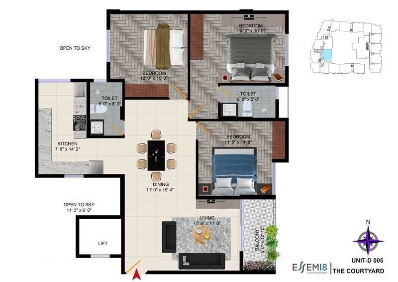 Floor plan of 3 BHK 1495 Sq. Ft. Apartment in Essem 18 The Courtyard, Bangalore