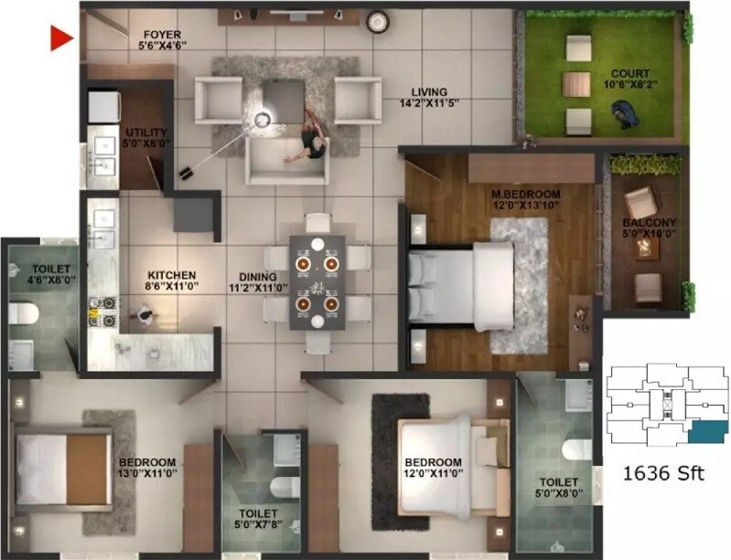 3 BHK 1636 Sq. Ft. Apartment