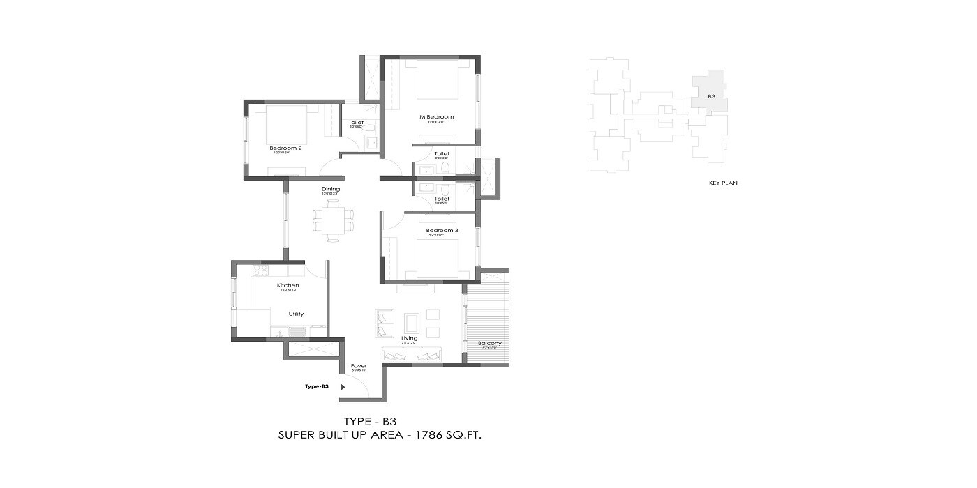 Floor plan of 3 BHK 1786 Sq. Ft. Apartment in Esteem Altitude, Bangalore