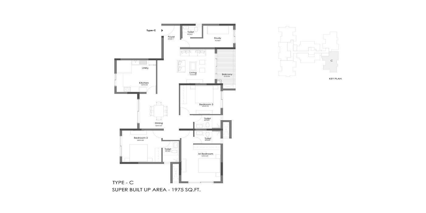 Floor plan of 3 BHK 1975 Sq. Ft. Apartment in Esteem Altitude, Bangalore