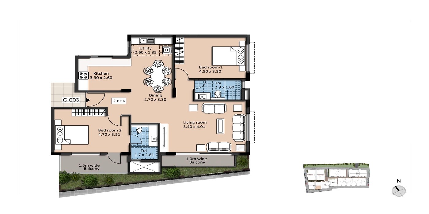 Floor plan of 2 BHK 1330 Sq. Ft. Apartment in Esteem Kings Court, Bangalore