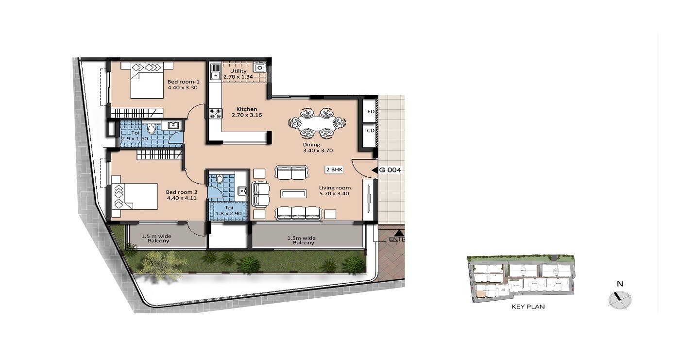 Floor plan of 2 BHK 1390 Sq. Ft. Apartment in Esteem Kings Court, Bangalore