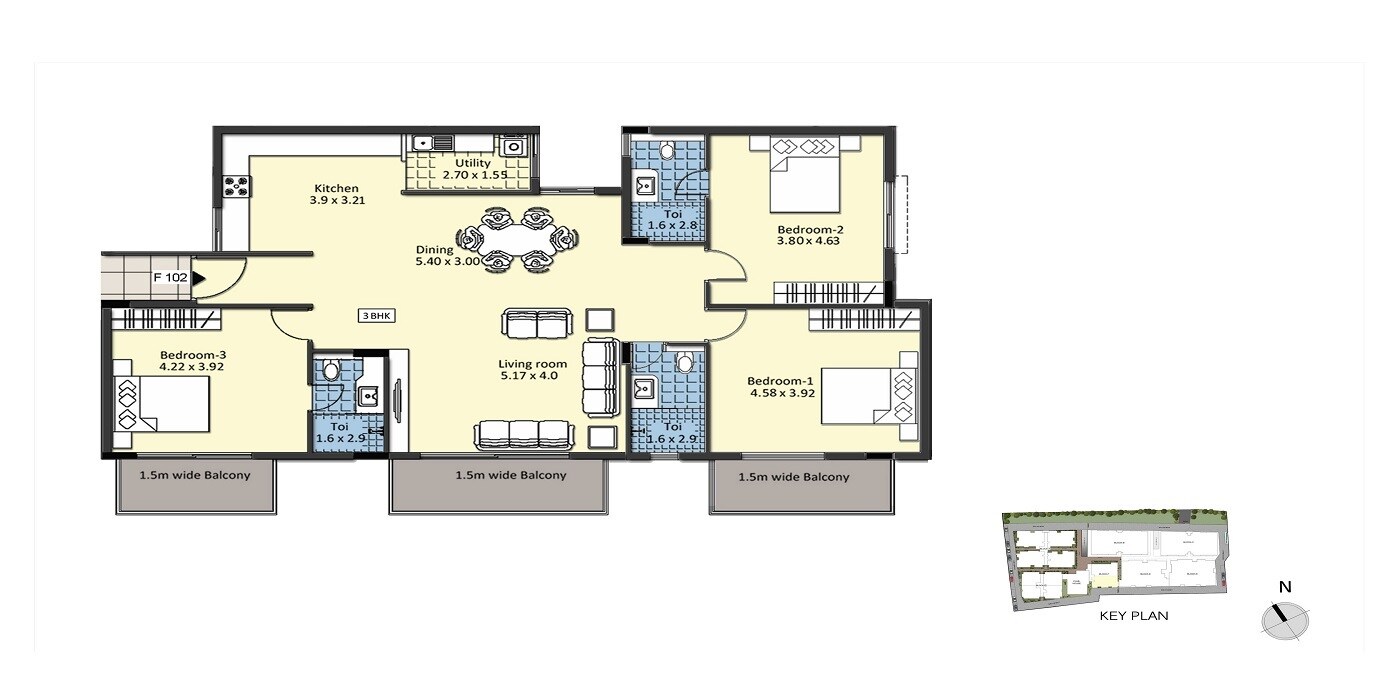 Floor plan of 3 BHK 1710 Sq. Ft. Apartment in Esteem Kings Court, Bangalore