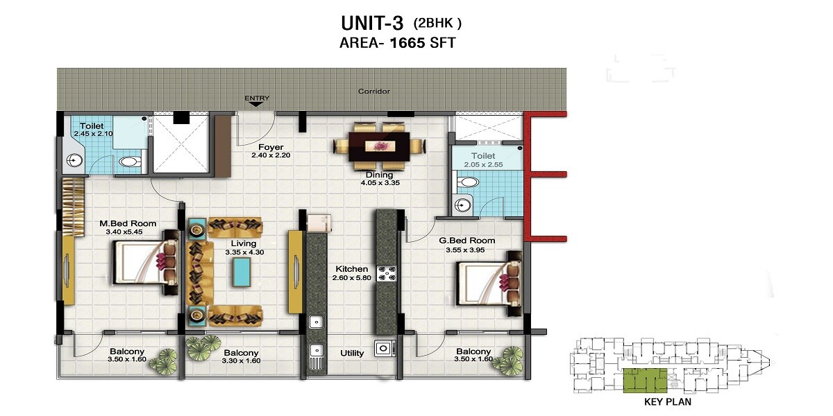 Floor plan of 2 BHK 1665 Sq. Ft. Apartment in Esteem Splendor II, Bangalore