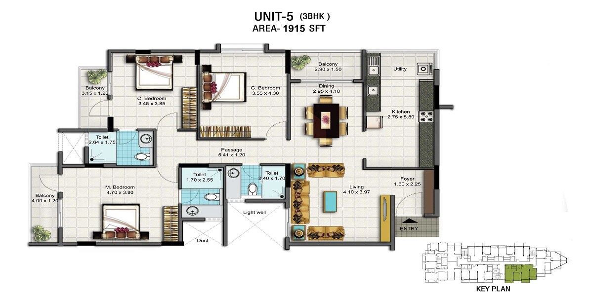 Floor plan of 3 BHK 1915 Sq. Ft. Apartment in Esteem Splendor II, Bangalore