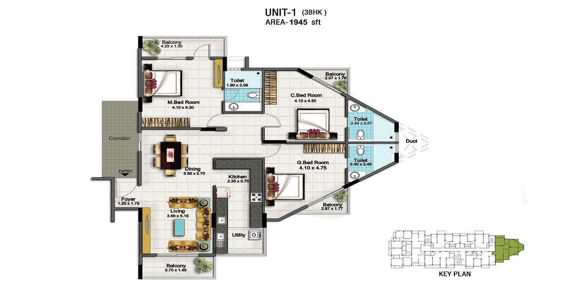 Floor plan of 3 BHK 1945 Sq. Ft. Apartment in Esteem Splendor II, Bangalore