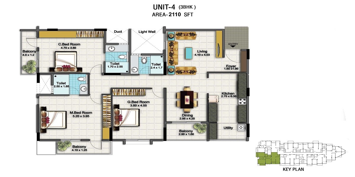 Floor plan of 3 BHK 2110 Sq. Ft. Apartment in Esteem Splendor II, Bangalore
