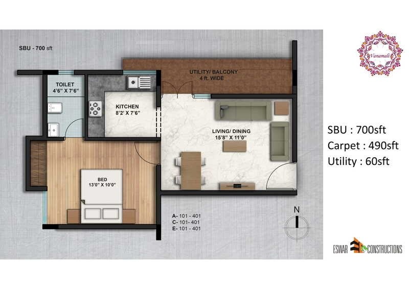 Floor plan of 1 BHK 700 Sq. Ft. Apartment in Eswar Vanamali, Bangalore