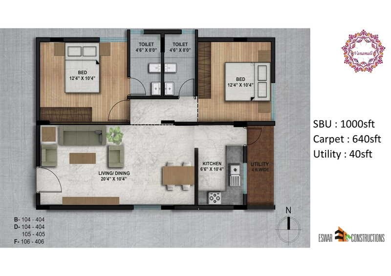 Floor plan of 2 BHK 1000 Sq. Ft. Apartment in Eswar Vanamali, Bangalore