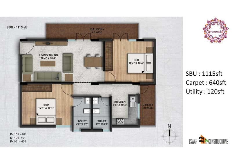 Floor plan of 2 BHK 1115 Sq. Ft. Apartment in Eswar Vanamali, Bangalore