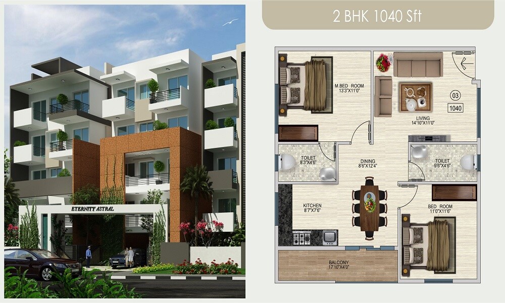 Floor plan of 2 BHK 1040 Sq. Ft. Apartment in Eternity Astral, Bangalore